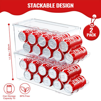 SCAVATA Stackable Refrigerator Organizer, Soda Can Dispenser Pop Cans Container Beverage Holder with Lid for Fridge, Freezer, Kitchen, Clear Plastic Storage Bins-Holds 10 Cans Each (Clear)