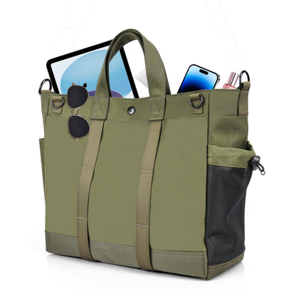 Travel Inspira Tote Bag for Women, Wrinkle-Resistant 13.3 Inch Laptop Bag with Water-Bottle Pockets, Army Green Work Tote for Office Business School