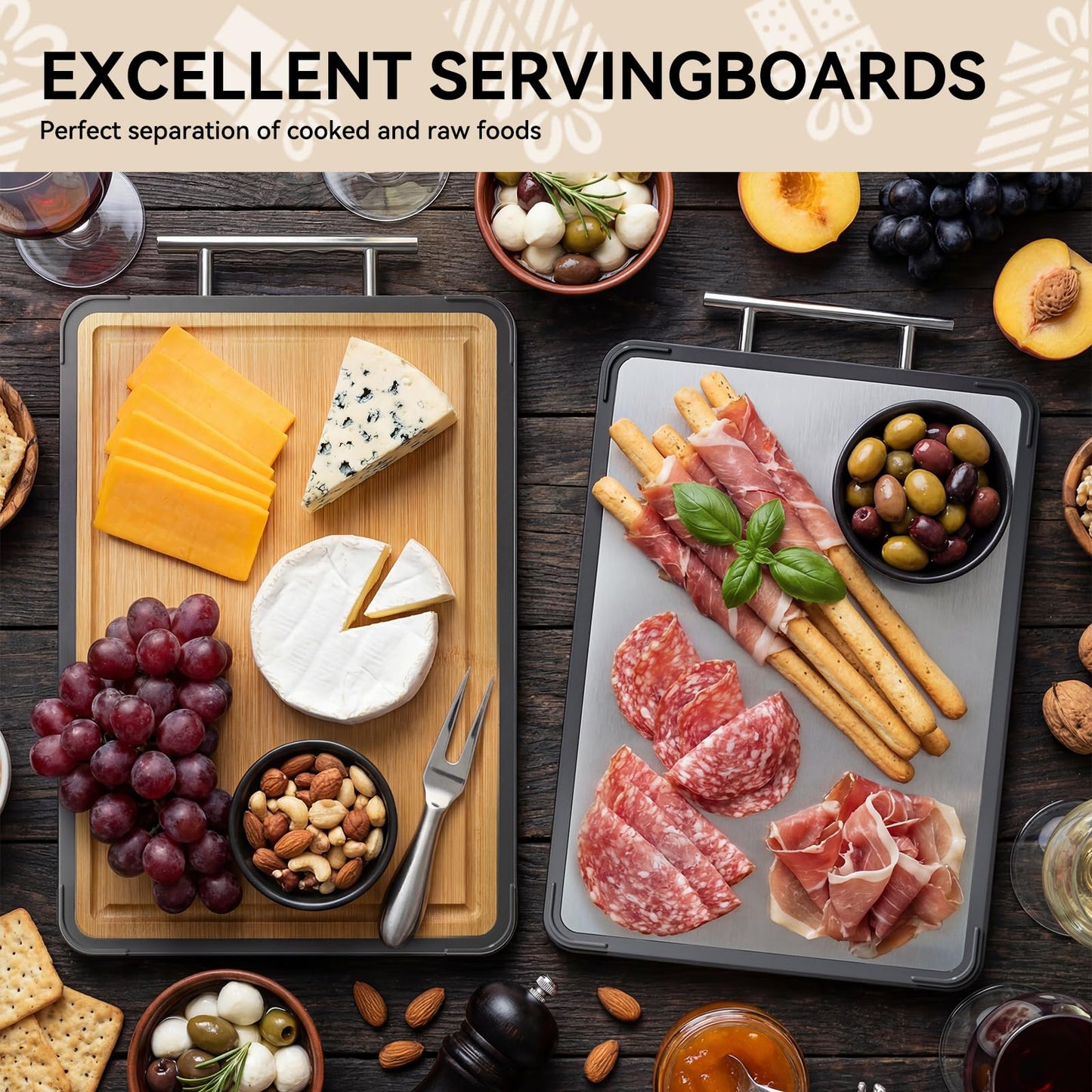 Titanium Bamboo Cutting Board for Kitchen, Double-Sided Titanium & Bamboo Chopping Block, Reversible Meat and Vegetable Prep Surface, Easy to Clean (16×11)