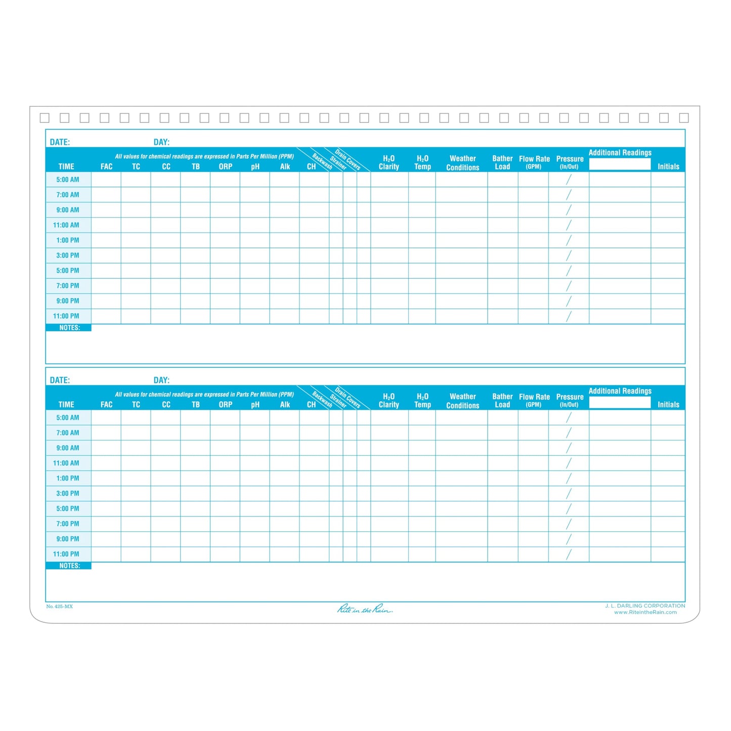 Rite in the Rain Weatherproof Side Spiral Notebook, 8.5" x 11", Yellow Cover, Commerical Pool & Spa Maintenance Log (No. 425-MX)