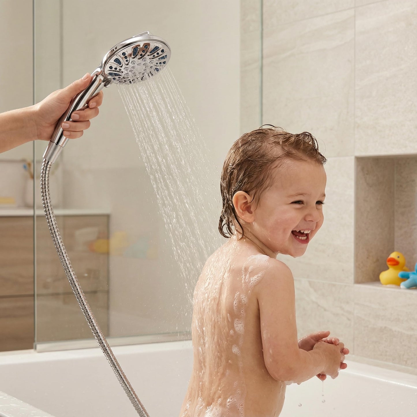 Handheld Shower Head with Hose – 5-Spray High-Pressure Hand Held Shower, Anti-Clog Water-Saving Shower Head, 70" Long Hose, 360° Adjustable Wall Brackets, Easy DIY Install