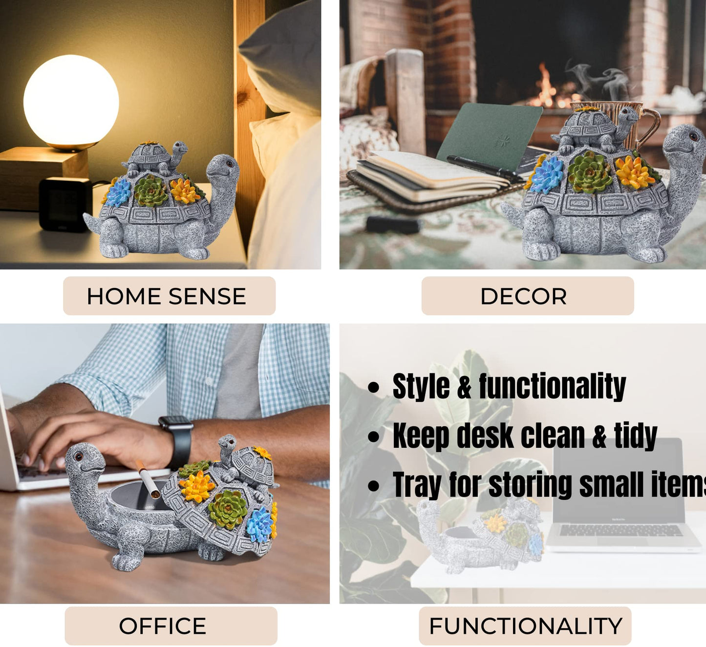 Windproof Decorative Ashtray with Lid Cigarette Resin Ashtray Odorless Outdoor Indoor Use. Porch Patio Home Office Decroation. Gift for Smokers Animal Lovers Men Women (Succulent Turtle)