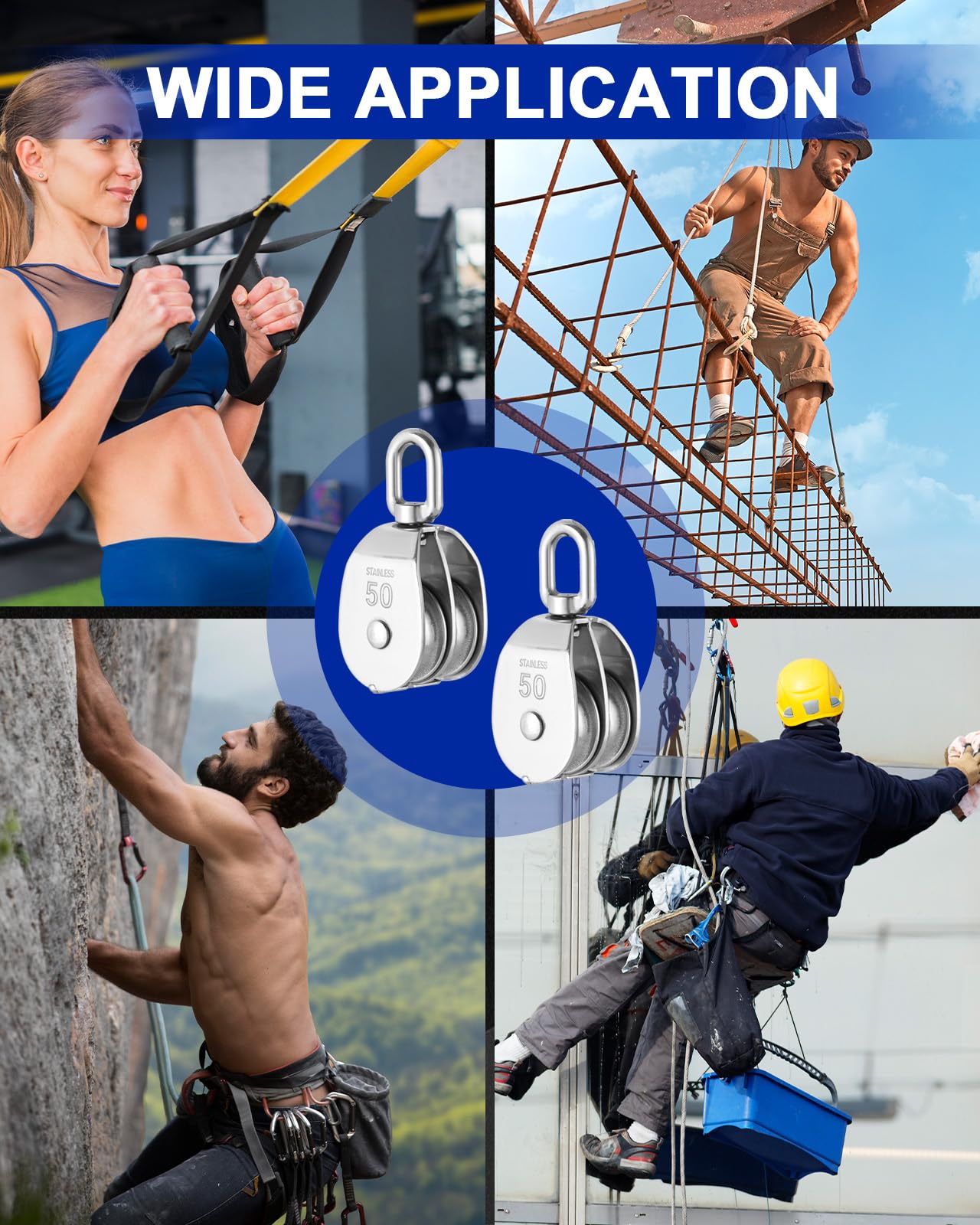 DASBET M50 Double Pulley Block Set - 304 Stainless Steel Pack of 2 | Heavy Duty Double Pulleys for Efficient Lifting | Ideal for Hanging Wire and Crane Operations with Swivel Hook Design