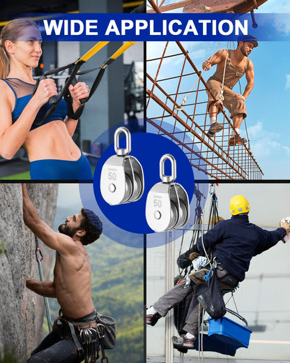 DASBET M50 Double Pulley Block Set - 304 Stainless Steel Pack of 2 | Heavy Duty Double Pulleys for Efficient Lifting | Ideal for Hanging Wire and Crane Operations with Swivel Hook Design