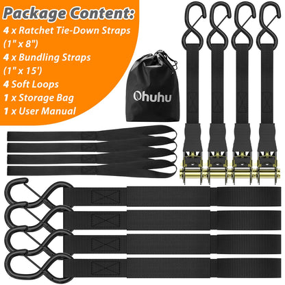 Ratchet Straps, Ohuhu 4 Pack 15 FT Ratchet Tie Down Straps with Safety Clip and 4 Soft Loops, Cargo Straps for Trucks Moving Appliances Motorcycle, 500 lbs Load Cap 1500 lbs Breaking Limit, Black