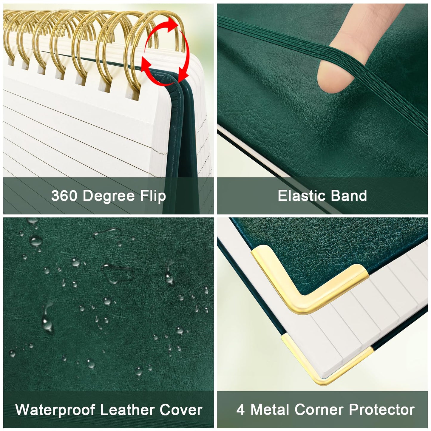 A5 Top Spiral Notebook, Large Leather Hardcover Top Bound Steno Pads, 240 Pages 100 gsm Thick Lined Paper Left Handed Notebook Journal for Work, School, Meeting Writing - Green, 5.9" x 8.5"