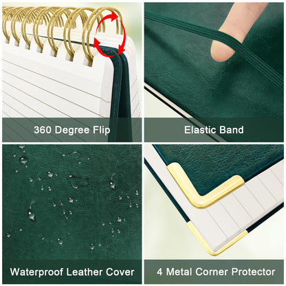 A5 Top Spiral Notebook, Large Leather Hardcover Top Bound Steno Pads, 240 Pages 100 gsm Thick Lined Paper Left Handed Notebook Journal for Work, School, Meeting Writing - Green, 5.9" x 8.5"