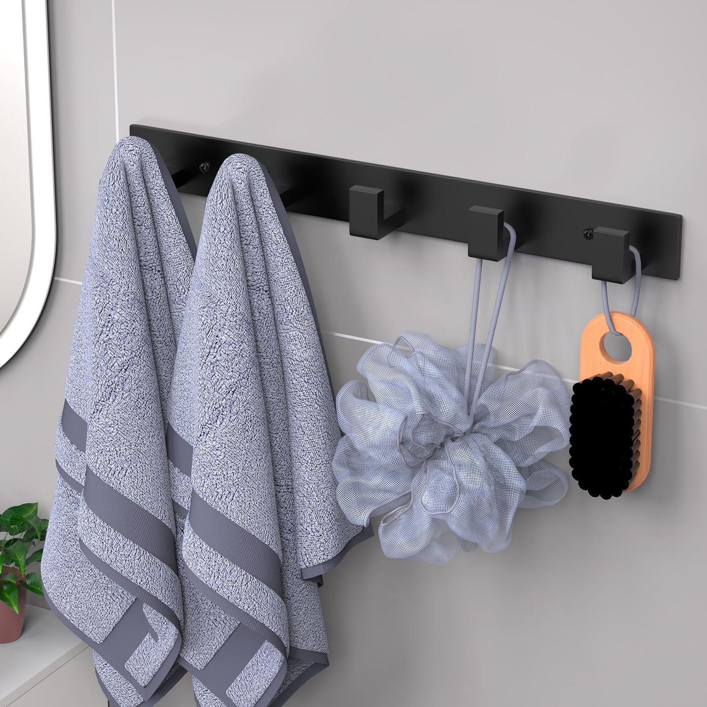 PMMASTO Coat Rack Wall Mount with L Shaped Black Coat Hooks Wall Hooks, Heavy Duty Stainless Steel Towel Hooks, Wall Coat Hanger, Robe Hooks for Bathroom,Kitchen, Entryway (Black 5 Hooks, 1 PC)