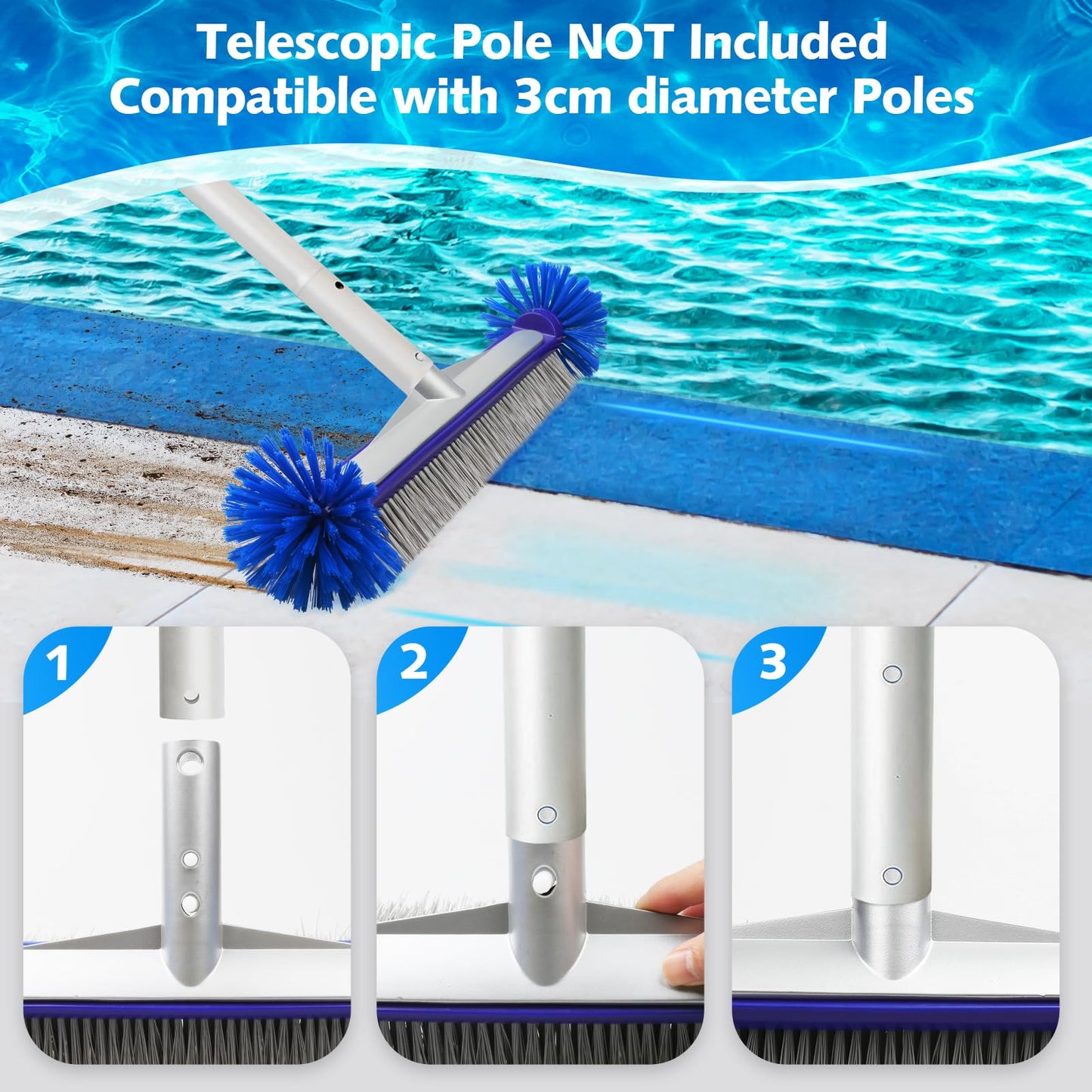 VABNEER Swimming Pool Brush 18 inches Durable Plastic Brush Head with Aluminium Handle and Enhanced Aluminium Back for Swimming Pool, Pond, Spa, Hot Spring, Tubs, Walls, Tile, Floors