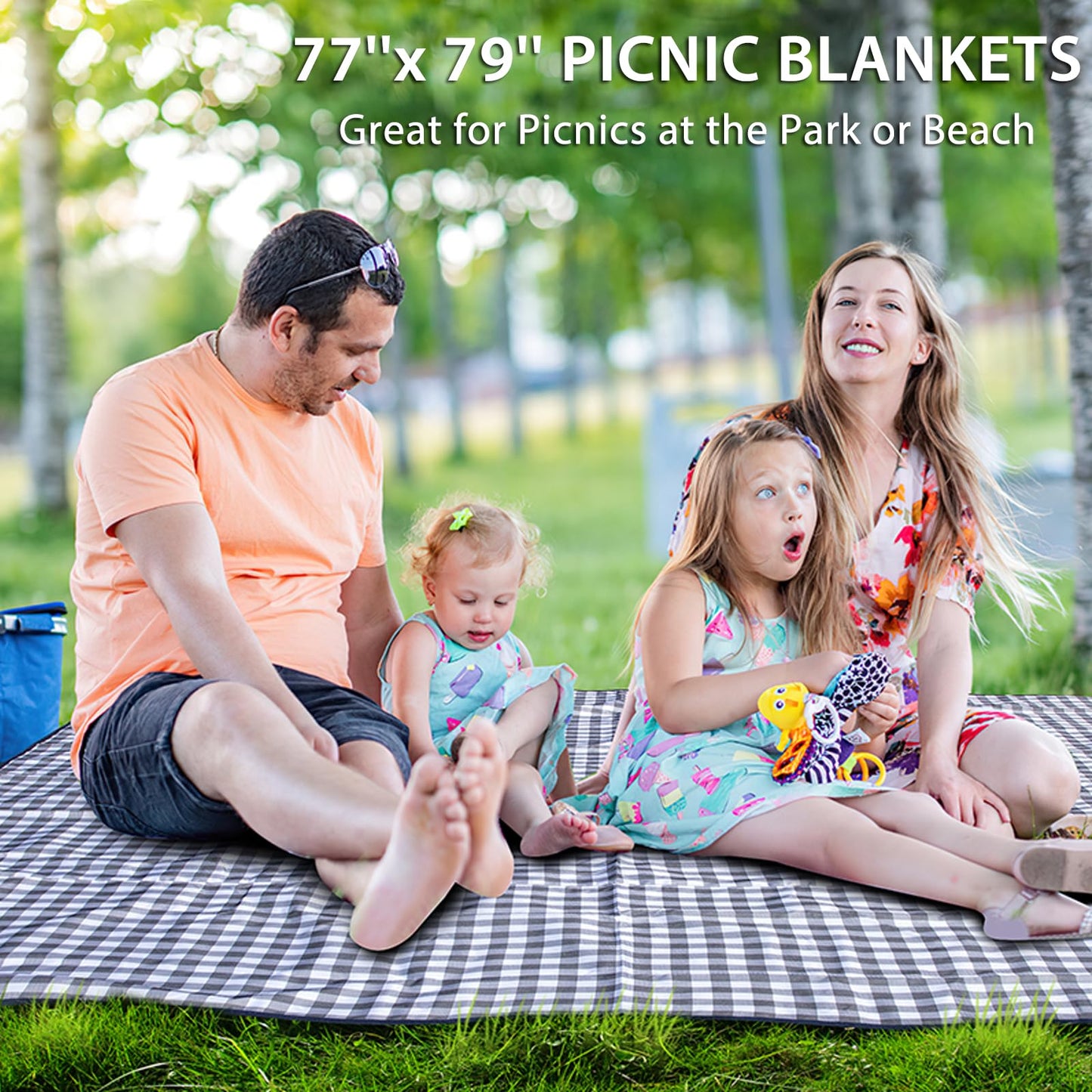 BARTHKIT Extra Large Outdoor Picnic Blanket, 79"x79" Waterproof Sandproof Beach Blanket, Portable Camping Blanket Lightweight for Camping Beach Park Courtyard, Black & White Grid