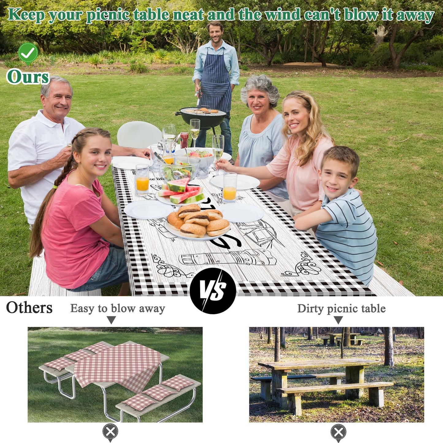 Caknowow Picnic Table Cover Fitted with Bench Covers Camping Tablecloth Waterproof Picnic Table Covers with Elastic Reusable Fabric Camping Table Cover for 6 Foot Picnic Tables