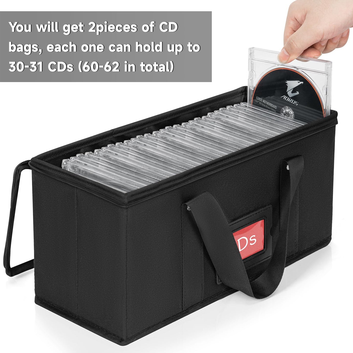 2 Pack CD Storage Boxes, TORIBIO CD Case Holder Organizer with Clear PVC Lid and Index Labels- 13.4"x 6.3"x 5.5" CDs Storage Holder Bags, Each Hold up to 31 CDs Jewel Cases or 170 Discs
