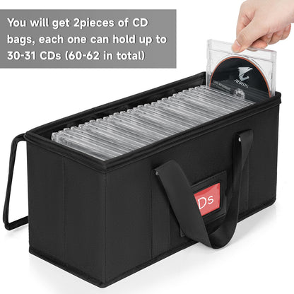 2 Pack CD Storage Boxes, TORIBIO CD Case Holder Organizer with Clear PVC Lid and Index Labels- 13.4"x 6.3"x 5.5" CDs Storage Holder Bags, Each Hold up to 31 CDs Jewel Cases or 170 Discs