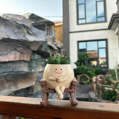 Swinging Smiley Face Plant Pot,Cute Coffee Plant Pots for Indoor Outdoor,Cute Head Resin Rocking Chair Plant Pots,Rocking Chair Succulent Flower Pots with Drainage Hole, Gift IdeaI for Birthday