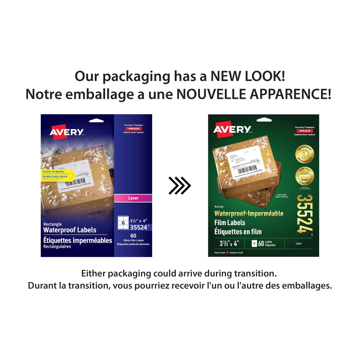 Avery Waterproof White TrueBlock Film Labels with SureFeed Technology, 3-1/3" x 4", Rectangle, Permanent Adhesive, for Laser Printers, 60 UV/Chemical/Tear Resistant Labels, (35524), Made in Canada