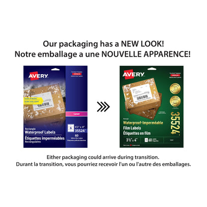 Avery Waterproof White TrueBlock Film Labels with SureFeed Technology, 3-1/3" x 4", Rectangle, Permanent Adhesive, for Laser Printers, 60 UV/Chemical/Tear Resistant Labels, (35524), Made in Canada