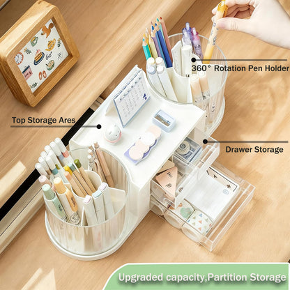 Desk Organizer with 360° Degree Rotating Pen Pencil Holder,Office Desk Organizers and Storage for Office School Home 10 Slots 3 Drawer Organizers 1 Top Storage Tray (White)