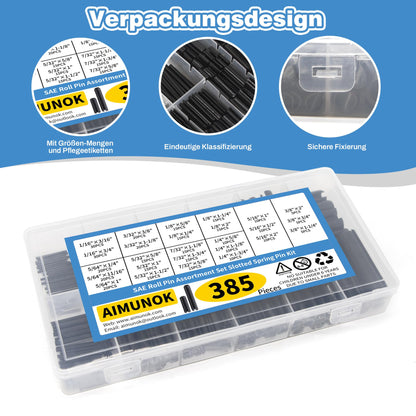 AIMUNOK 385PCS Roll Pin Set - 26 Sizes Spring Dowel Tension Roll Pins - 1/8 1/4 3/8 1/16 5/64 3/32 5/16 5/32 5/16 Split Expansion Pin Assortment Kit for Home Improvement Automotive Repair…