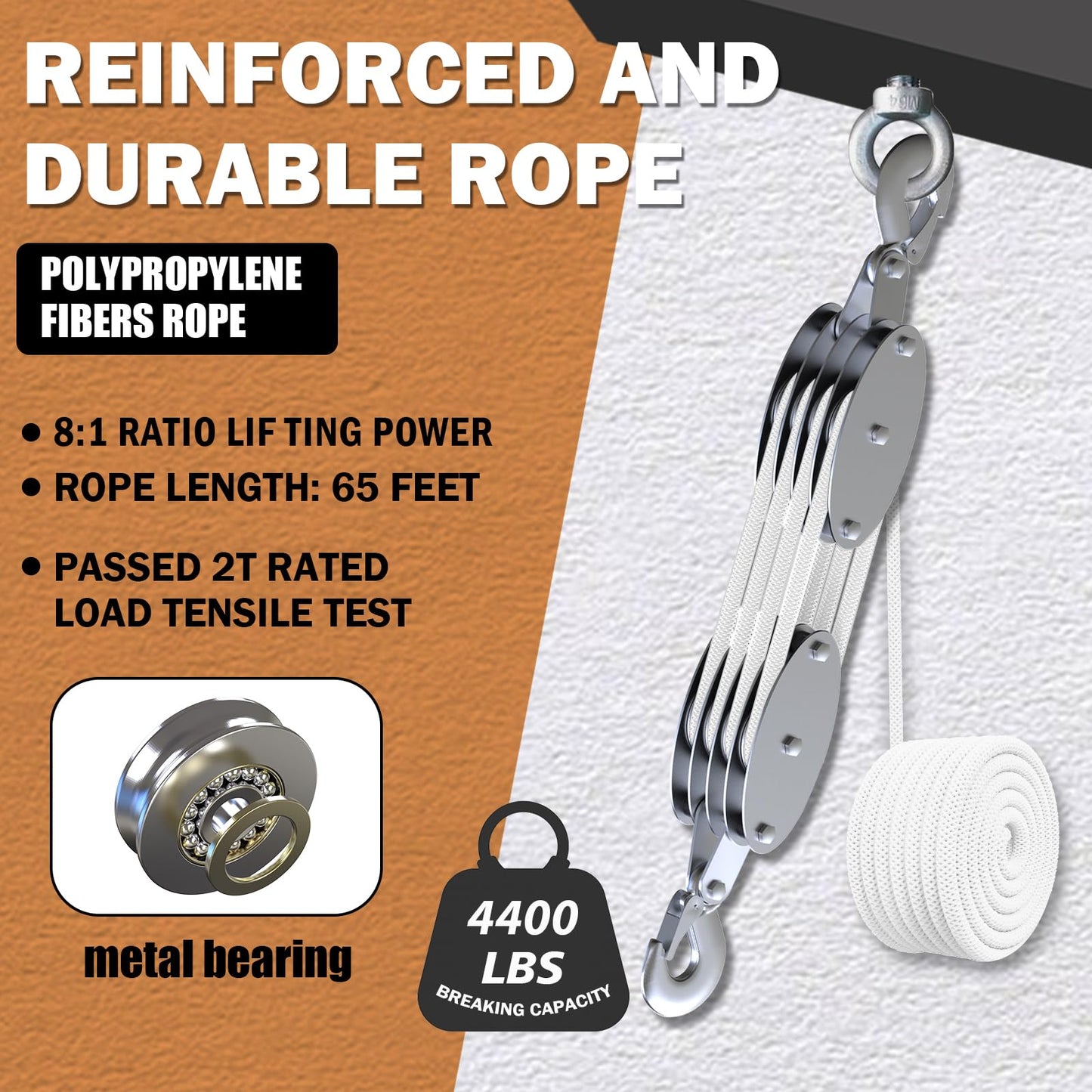 Upgraded Rope Pulley Hoist 4400 LB, 8:1 Lifting Power Pulley Block and Tackle System, Pulley Block 2200LB Loading Capacity, 65ft Heavy Duty Rope Hoist for Hunting Garage Warehouse