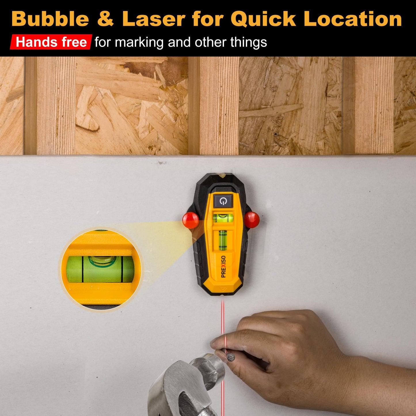 PREXISO 2-in-1 Magnetic Stud Finder with Laser Level, Multi Surface Line Laser, Compact Wood & Metal Detector with Bubble Vials for Accurate Markings, Wall Scanners Tool for Hanging Frames & Pictures