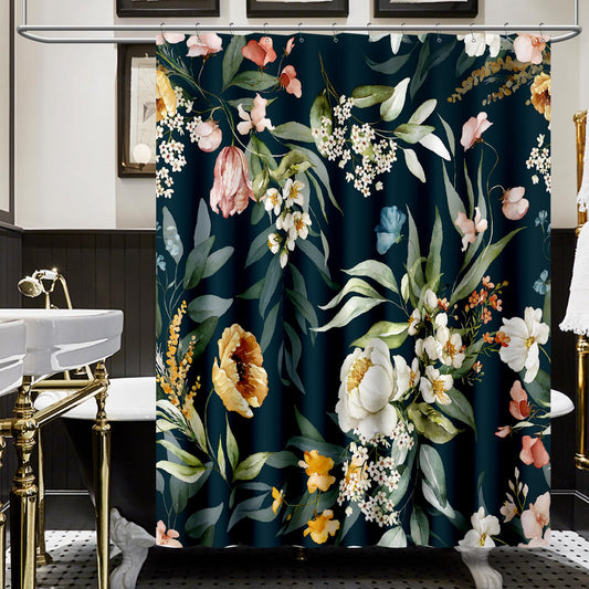 Amaredom Black Floral Shower Curtain, Colorful Flowers Shower Curtain for Bathroom, Waterproof Fabric Shower Curtain Set, Bathroom Decoration with 12 Hooks 72x72 Inches