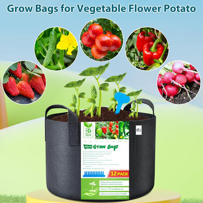 BOGI Grow Bags 12 Pack 3 Gallon Grow Bags Heavy Duty Thickened Nonwoven Grow Bag with Durable Habdles Fabric Pot for Vegetable Flower Potato Garlic Indoor Outdoor Plants + 12 Waterproof Plant Labels