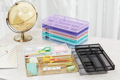 Annova Desk Drawer Organizer Tray for Office Organization - Metal Mesh - Storage Tray with Dividers for Pens, Desktop Accessories, Bathroom, Kitchen, Makeup and Office Supplies (Gold)