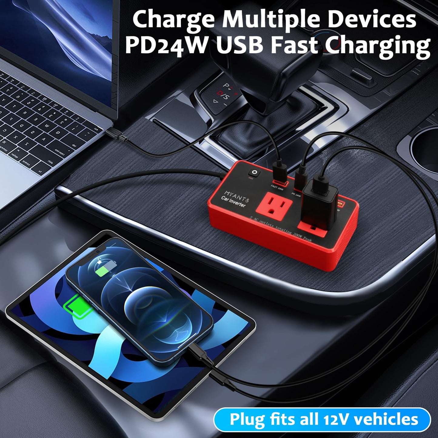 200W Car Power Inverter, DC 12V to 110V AC Car Plug Adapter Outlet with 4 USB Fast Charging Port, Car Charger Cigarette Lighter Adapter for Laptop，Road Trip