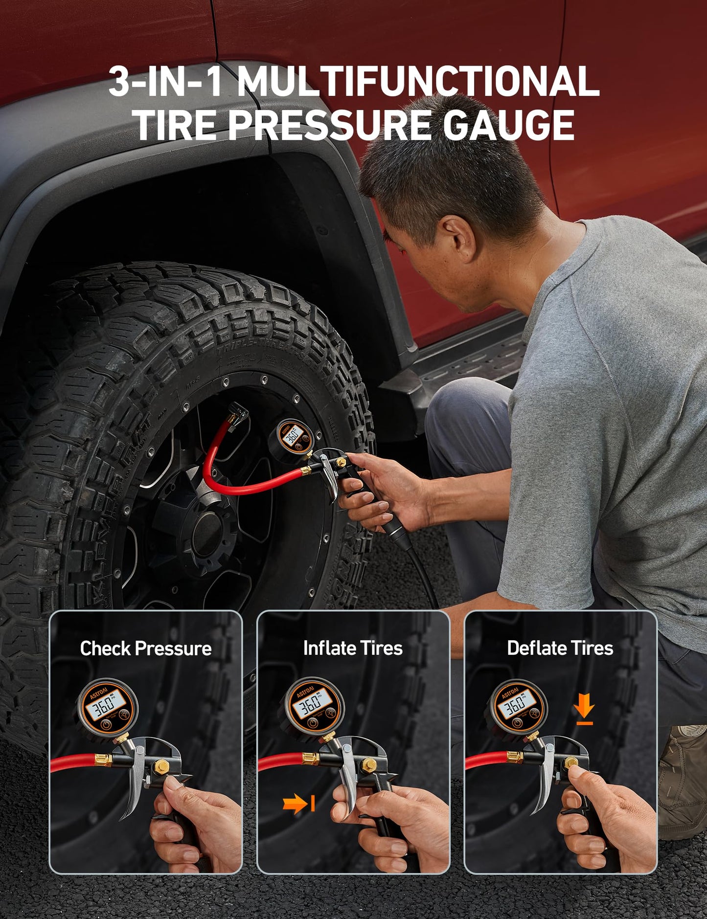 AstroAI T1 Digital Tire Inflator with Pressure Gauge 3-250 PSI, Industrial Tire Pressure Gauge Calibrated to ANSI B40.7 Grade 2A, Heavy Duty Air Compressor Accessory with Air Chuck for Car, Truck, Red