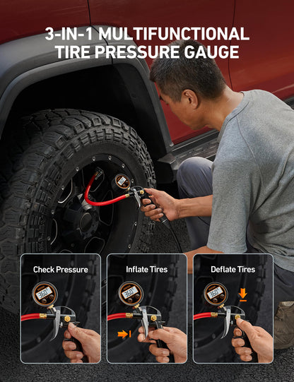 AstroAI T1 Digital Tire Inflator with Pressure Gauge 3-250 PSI, Industrial Tire Pressure Gauge Calibrated to ANSI B40.7 Grade 2A, Heavy Duty Air Compressor Accessory with Air Chuck for Car, Truck, Red