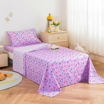 Viviland Kids Twin Sheet Set - Girls Purple Twin Sheet Set - Kids Toddlers Twin Microfiber Single Fitted Sheets and Pillowcase - Colorful Hearts Printed