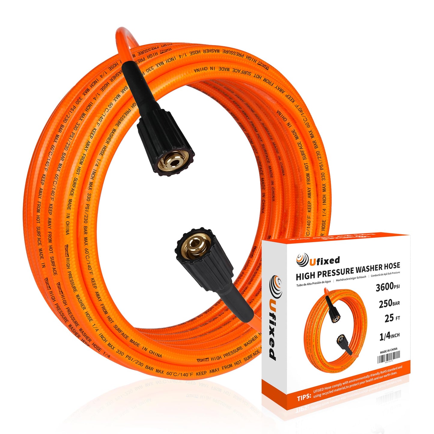1/4 Pressure Washer Hose 25FT 3600 PSI, Ufixed Power Washer Hose Kink Free High Pressure Hose M22 14MM Solid Brass Fittings Pressur Washer Replacement Hose Light Weight Orange-red
