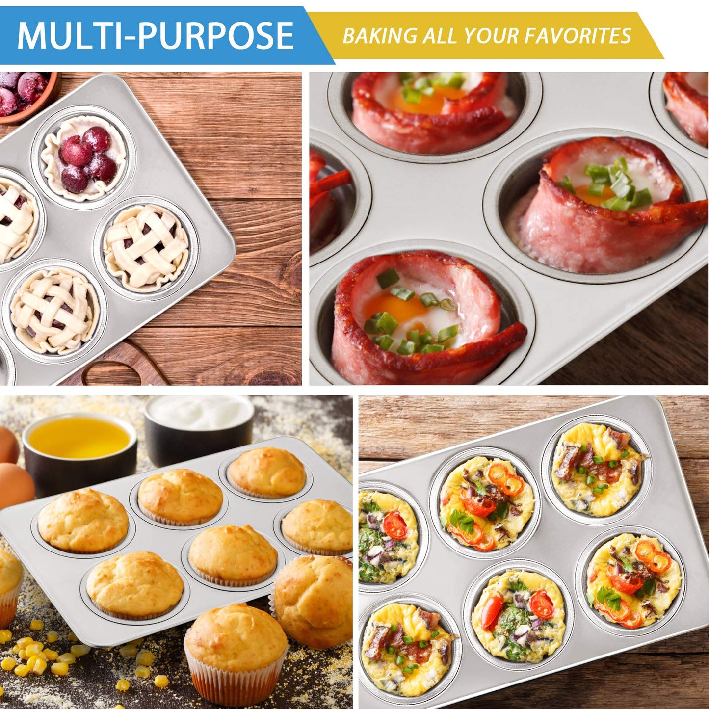 Set of 2 Stainless Steel E-far Baking Muffin Pans, Metal Cupcake Tray, Non-Toxic and Healthy, Suitable for Oven and Dishwasher, Standard Size - 29 x 18 x 3.2cm