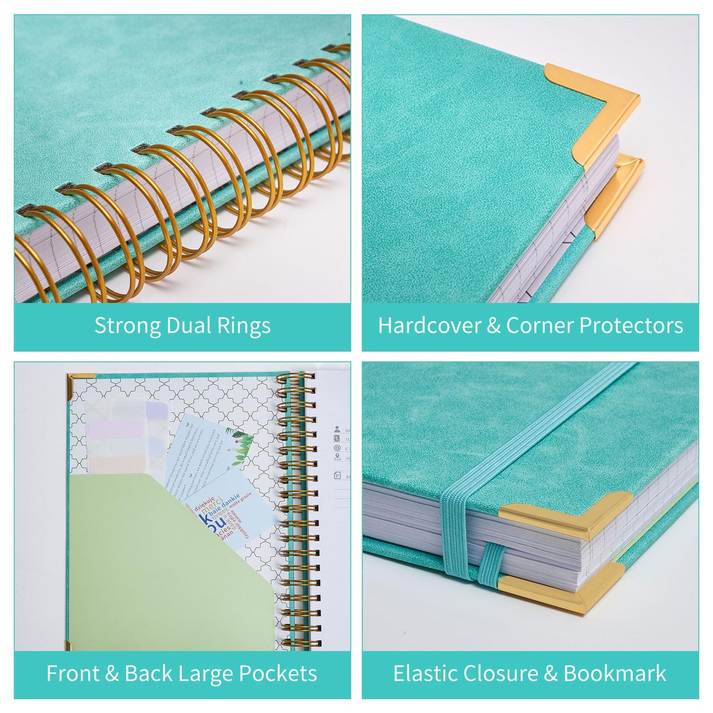 Spiral Notebook, 365 Page Hardcover Leather Notebook Journal, Large B5 Lined Journal for Women Men, College Ruled Notebooks for Work School, Journals for Writing, 24pcs Index Tabs, 8" x 10", Green