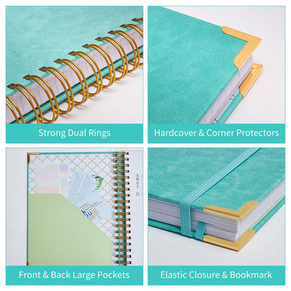 Spiral Notebook, 365 Page Hardcover Leather Notebook Journal, Large B5 Lined Journal for Women Men, College Ruled Notebooks for Work School, Journals for Writing, 24pcs Index Tabs, 8" x 10", Green