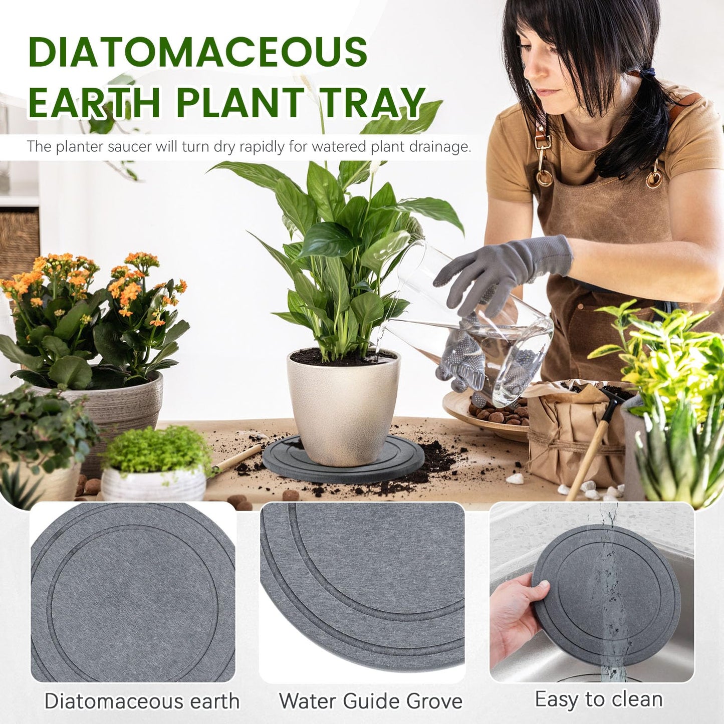 3 PCS Diatomite Plant Saucers for Indoors, Instant Dry Pot Saucers for Plants Coasters, Diatomaceous Earth Planter Tray, Dark Gray Flower Pot Tray (Round 8")