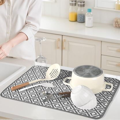 Subekyu 2 Pack Dish Drying Mat, 24 * 18 inch Ultra Absorbent Microfiber Dishes Drainer Mats for Kitchen Counter, Large Size Dish Drying Pad with Rhombus Patterns