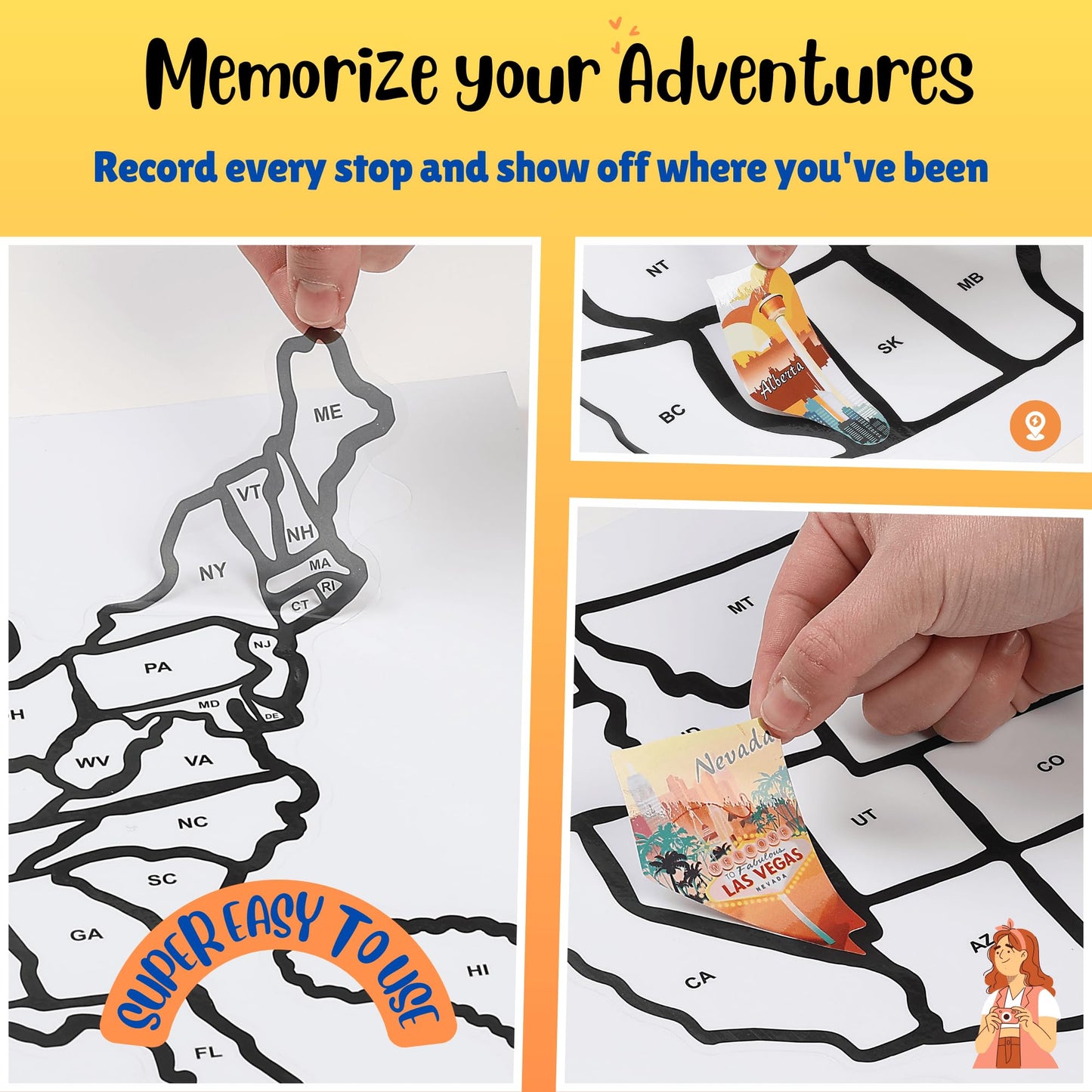 ACIMONE RV State Travel Map Sticker, 11 ⅘“ x 15 ¾” Visited States & Provinces Sticker Decals for Outdoors & Indoors- Road Trip Map of USA & Canada - Waterproof, Fade-Resistant, for Door or Wall