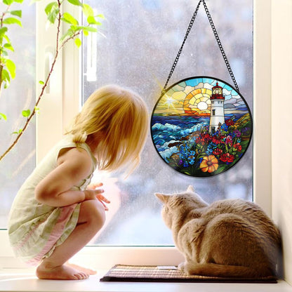 Bimkole Lighthouse Stained Glass Suncatcher Window Hanging - Landscapes Design for Indoor Window or Doorway Decoration - 7.87x7.87 inch with Chain and Hook - Unique Home Decor Gift