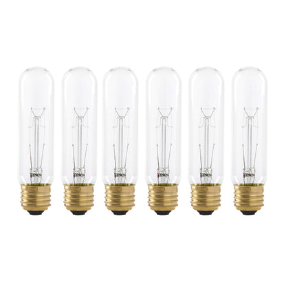 40 Watt T10 Clear Tubular Incandescent Light Bulb, 2700K Soft White, E26 Medium Base, 280 Lumens, 120V, (6 Pack)