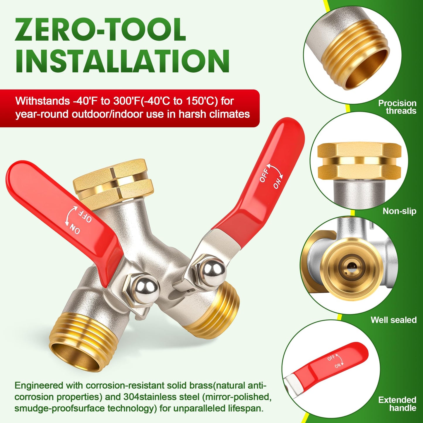 DINGBAI Hose Splitter 2 Way, High Flow Garden Hose Splitters, 3/4” GHT Inlet Brass Heavy Duty Hose Converter, Full Flow Water 2 Way Faucet Hose Splitter, Long Handle Hose Valve Large Outlet.