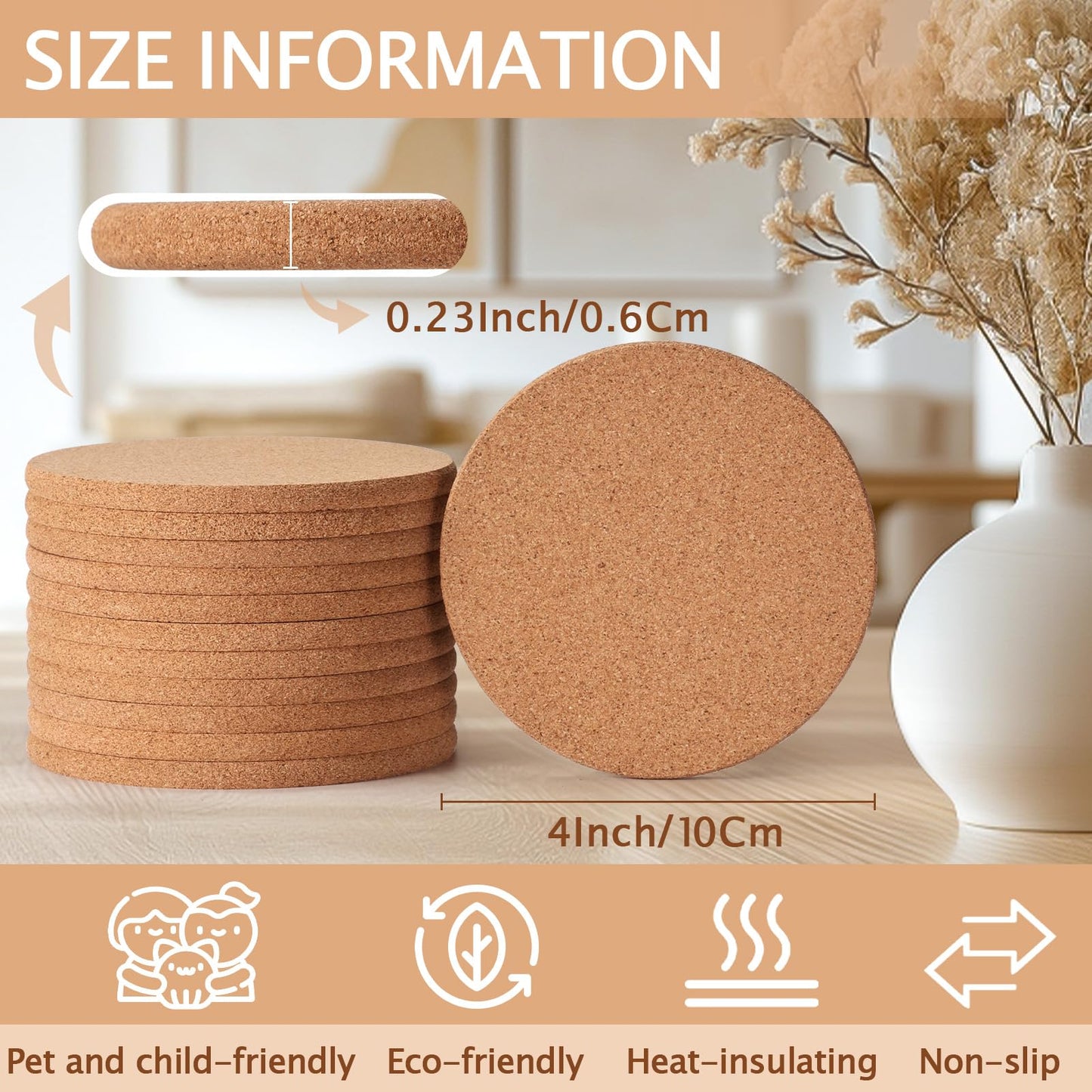 60 Pieces Cork Coasters for Drinks, GOH DODD Absorbent Blank Coasters for DIY Crafts Laser Engraving Sublimation Wood Burning Plants Painting Housewarming Gifts Wedding Education, Round, 4 Inch