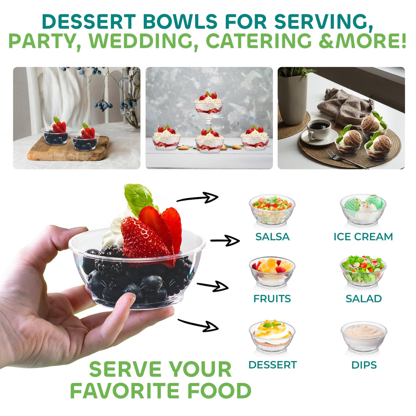 Clear Mini Plastic Bowls - (Bulk 100 Pack) 6 Oz Premium Hard Plastic Dessert Bowls for Serving, Weddings, Catering, Parties, Ice Cream, Home or Event Party Supplies