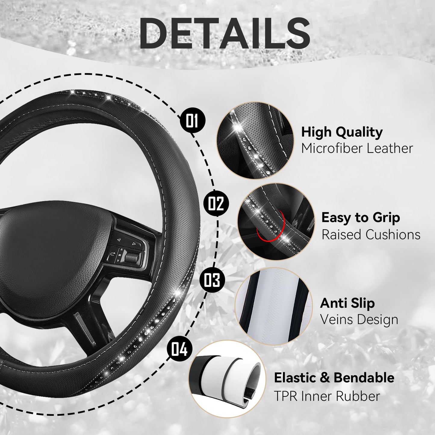 CAR PASS Bling Diamond Leather Steering Wheel Cover, Studded Crystal Rhinestones Universal Fit 14" 1/2-15" Crystal Glitter for Women Sparkle Girl Fit Suvs,Vans,Sedans,Cars,Trucks, Silver Diamond