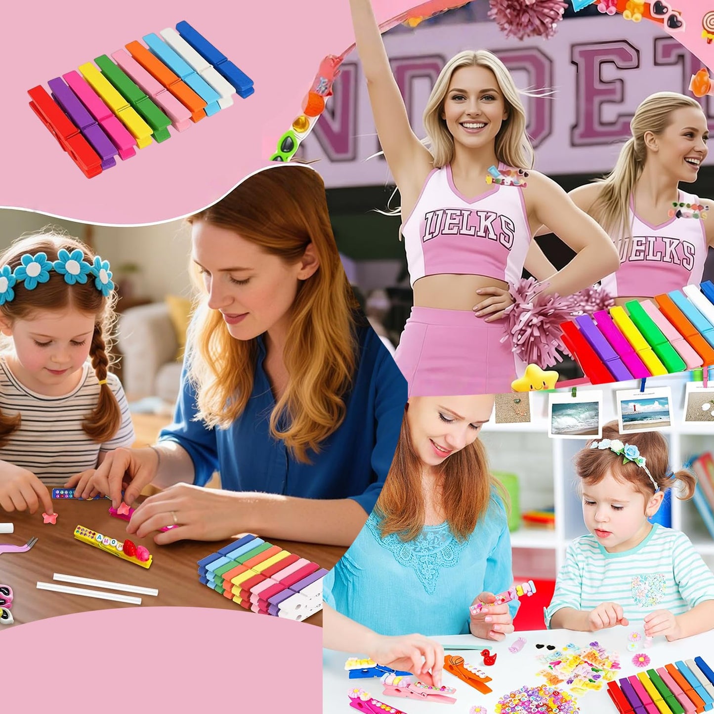 50 Set Cheer Pins Spirit Clips, Wooden Clothespins DIY Cheerleader Clips with Mini Resin Charms and Letter Beads for Backpacks & Classroom Crafts, Cheer Gifts Bulk for Team Girl