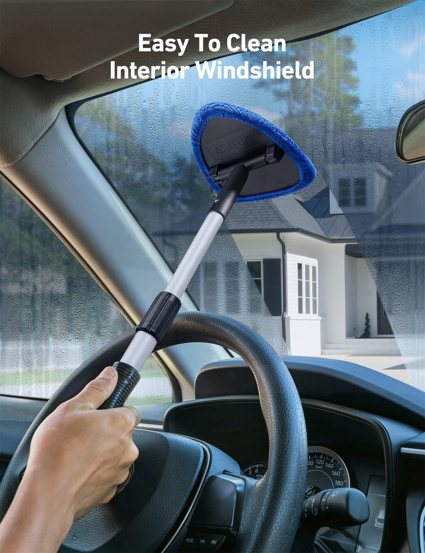 AstroAI Car Windshield Cleaner Tool, Car Window Cleaner with Extendable Handle, Windshield Cleaning Tool, 4 Reusable and Washable Microfiber Pads
