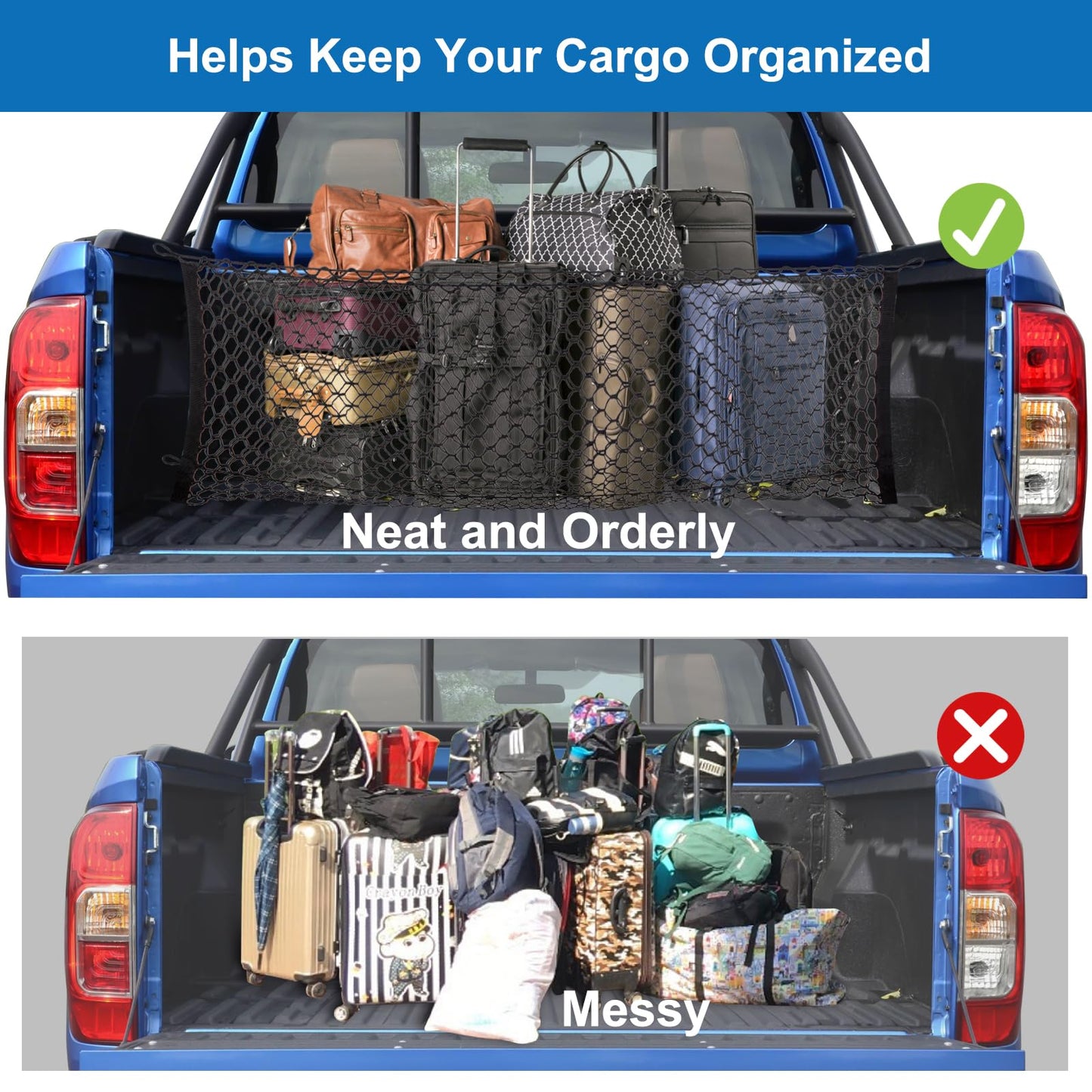 Cargo Net for Pickup Bed, Fit for Ford F150/F250, Chevy Silverado, GMC Sierra, 18"x50" Heavy Duty Elastic Cargo Organizer