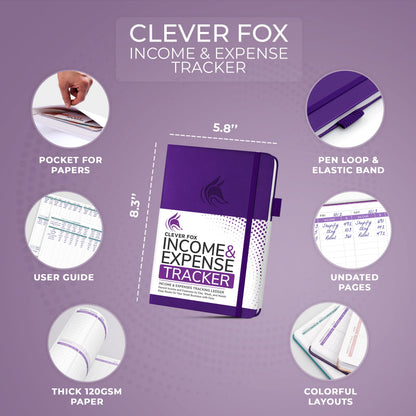 Clever Fox Income & Expense Tracker – Accounting & Bookkeeping Ledger Book for Small Business – Income & Expense Record Notebook with Receipt Pocket – Undated, A5, 5.8″ x 8.3″, Hardcover (Purple)