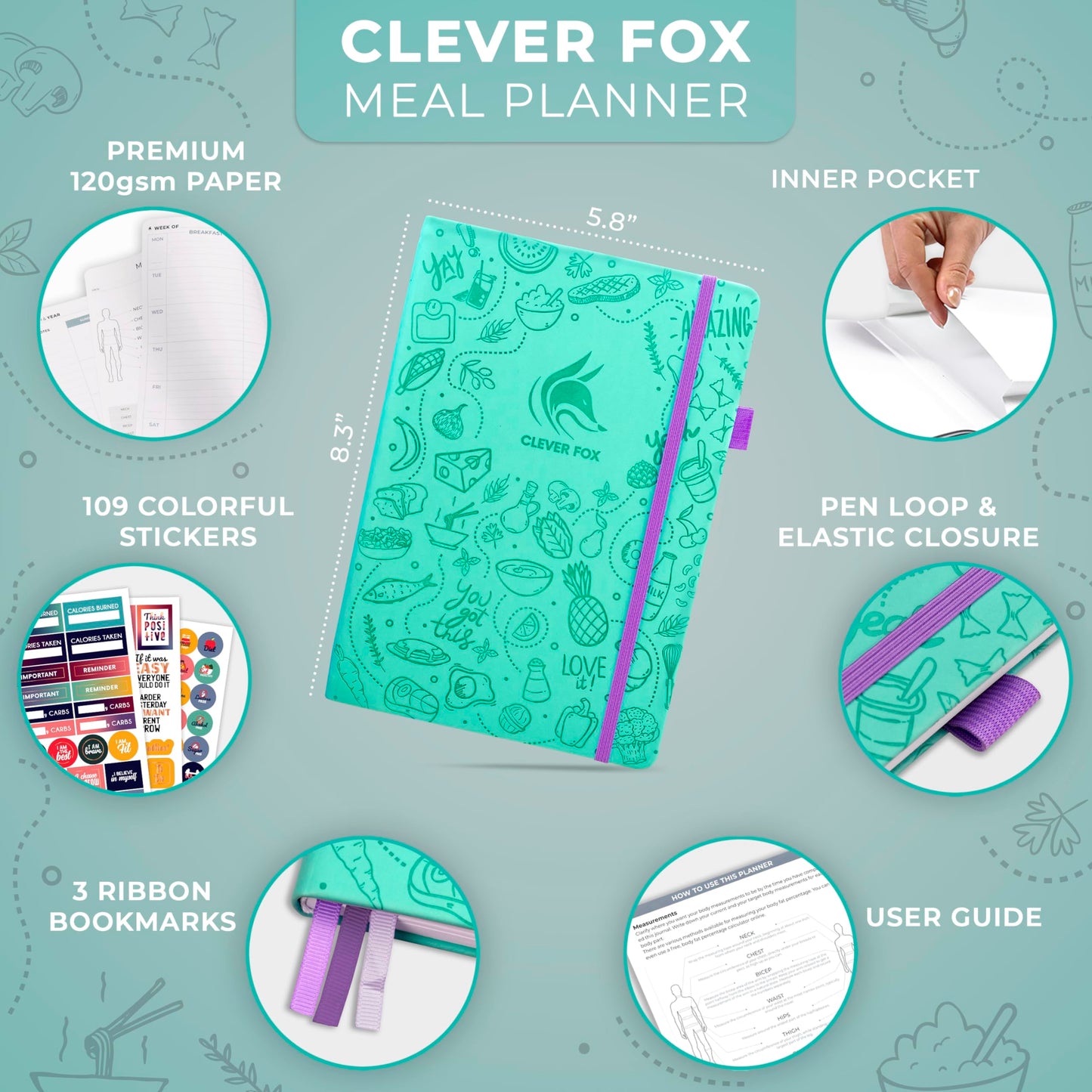 Clever Fox Weekly Meal Planner - Weekly & Daily Meal Prep Journal with Shopping and Grocery Lists for Menu Planning, Healthy Diet & Weight Loss Tracking, Lasts 1 Year, Undated, A5 - Turquoise