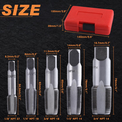 LEONTOOL 5-Piece NPT Pipe Tap Set 1/8", 1/4", 3/8", 1/2", 3/4" Thread Forming Tap, Gcr15 Steel NPT Tap Set for Accurate Threads, Assorted Plumbers Mechanics DIY Thread Cutting Tools with Storage Case